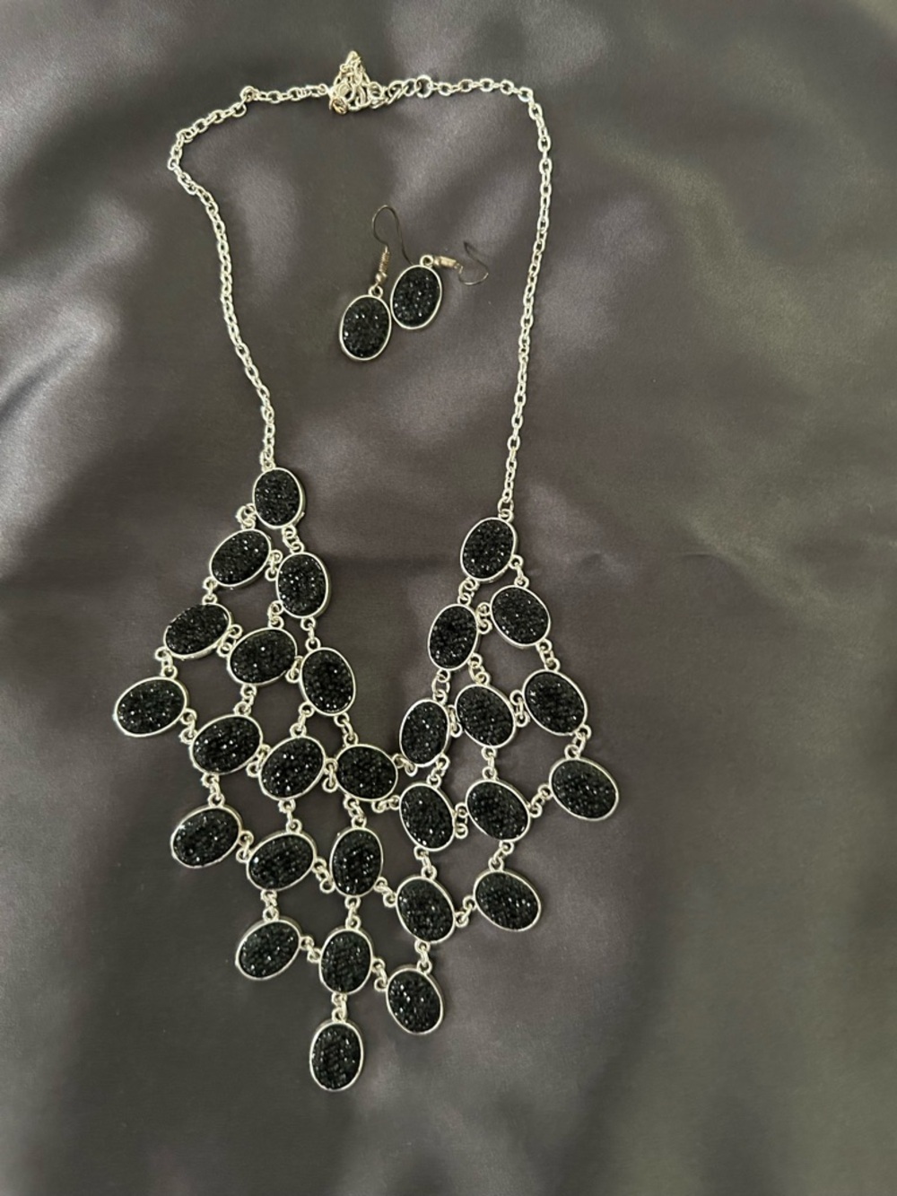 Black Druzy Statement Necklace and Earrings Set